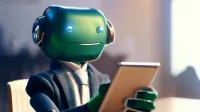 Kleiner grüner Roboter im Anzug mit einem Tablet in der Hand - ChatGPT und Versicherungen