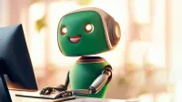 Ein grüner, niedlicher Cartoon-Mini-Roboter sitzt vor einem Laptopbildschirm - Versicherung und ChatGPT – KV, Studierende und junge Leute