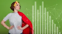 Frau, die ein Superhelden-Cape trägt vor Graphen  - Rechnungszins-Retter - Ist der Rechnungszins noch zu retten?
