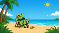 Eine Cartoon-Figur sitzt am Strand im Urlaub: Die 3 wichtigsten Versicherungen für den Urlaub