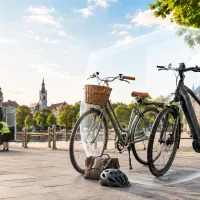 Bild zur Rating-Kachel Fahrradversicherungen - mit Fahrrädern und Pannenhilfe im Hintergrund
